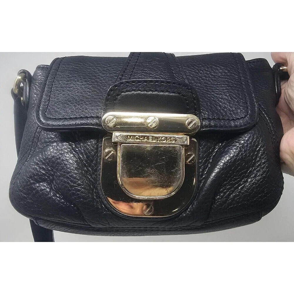 Michael Kors Charlton Small Crossbody Bag Black Leather Gold Buckle Lock VGUC